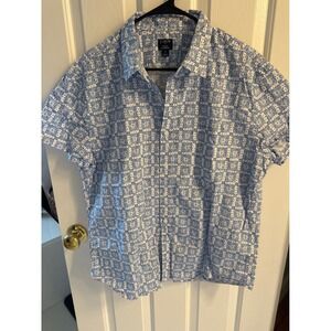 J.Crew Mens XL Flex Washed Short Sleeve Button Down Shirt Blue White Geometric